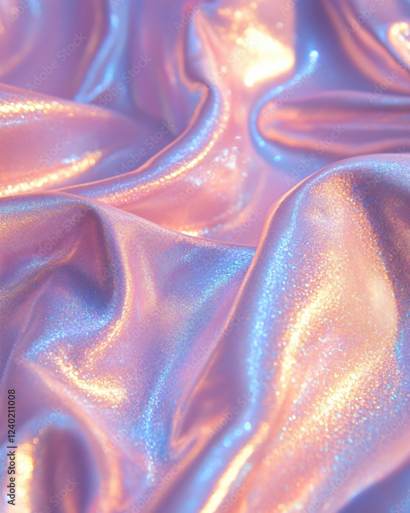 Poster shimmering fabric with iridescent glow in soft pink and blue tones creating a dreamy texture
