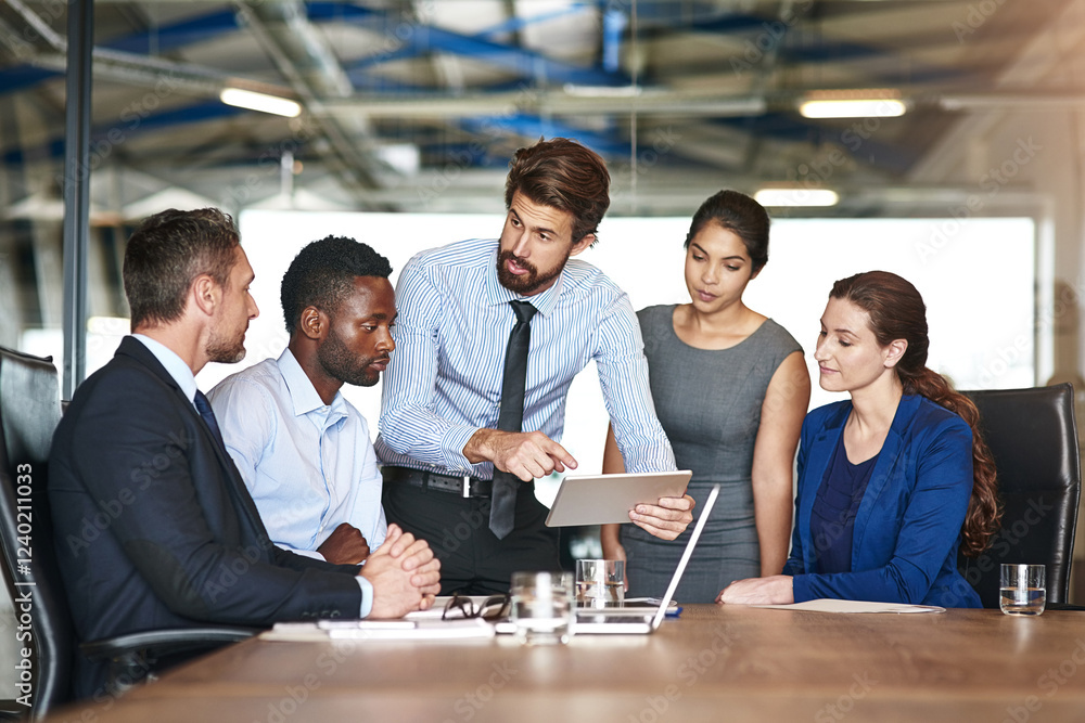 Aufkleber tablet, team discussion and business people in meeting, planning or problem solving. group, technolo