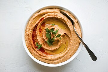 A photo of roasted red pepper hummus in a bowl