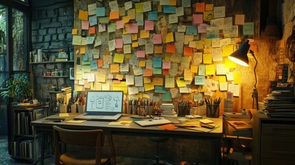 A creative workspace filled with sticky notes, laptops, and brainstorming tools.