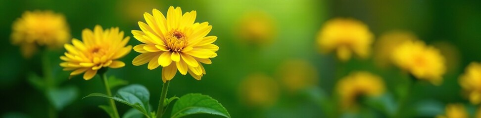 Chrysanthemum plant with bright yellow petals and lush green leaves, green, yellow, flowers