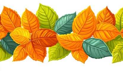 Fototapeta premium Autumn leaves seamless border. Vibrant orange, yellow, and green leaves on white background. Perfect for fall designs and decorations