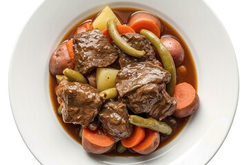 A photo of a plate with a appetizing dish of beef chunks with vegetable stew