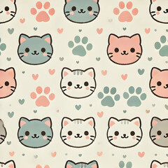 Minimalist Cute Cat Faces and Paw Prints Fabric Pattern

