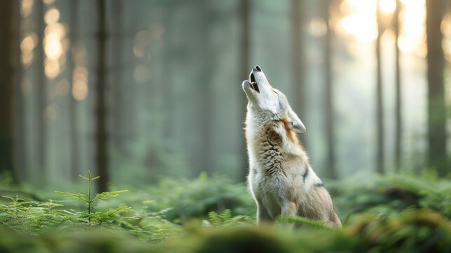 Majestic wolf wildlife howling and looking up in natural sunlight and sunset in meadow green pine wild and winter forest 
