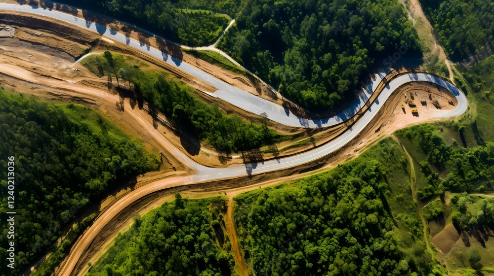Poster aerial perspective capturing the construction progress of a winding highway snaking through a dense 