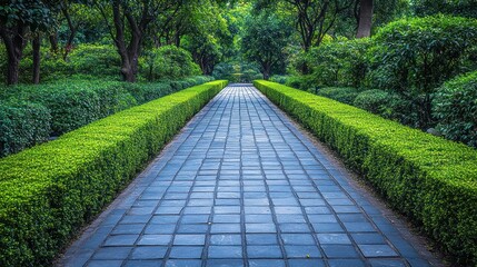 Obraz premium Serene park path lined with lush green hedges.