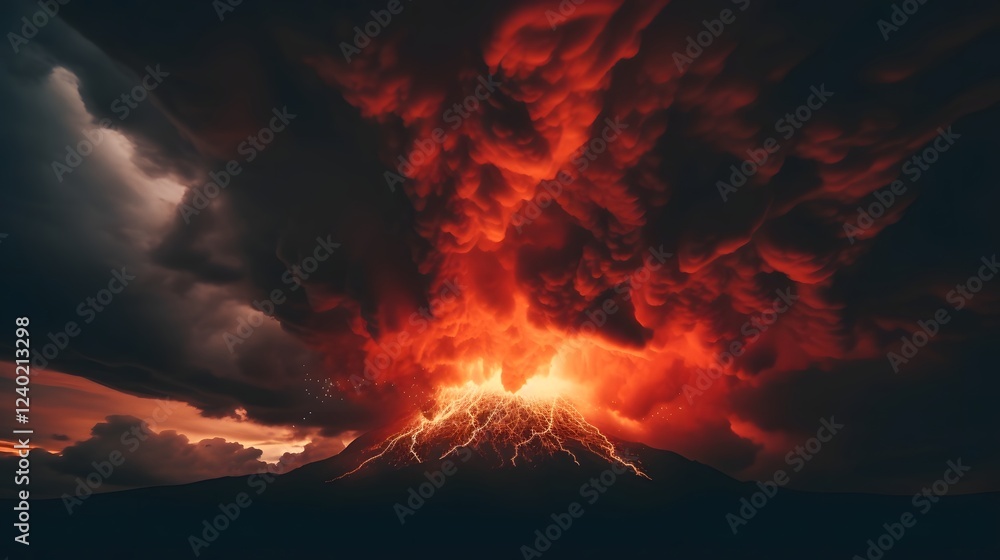 Poster dramatic timelapse style scene of a volcano erupting forcefully with billowing clouds of ash and smo
