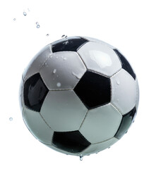 Naklejka premium Wet black and white soccer ball in mid-air with water droplets on transparent background