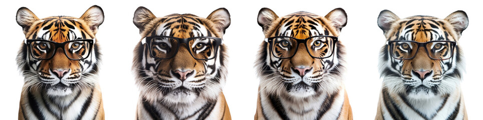 Fototapeta premium Tiger wearing modern glasses, isolated on a white background. Mix Collection Png.