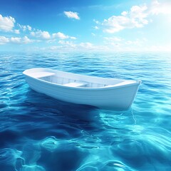 Naklejka premium White rowboat floats on calm blue water under a bright sky with fluffy clouds and sun rays