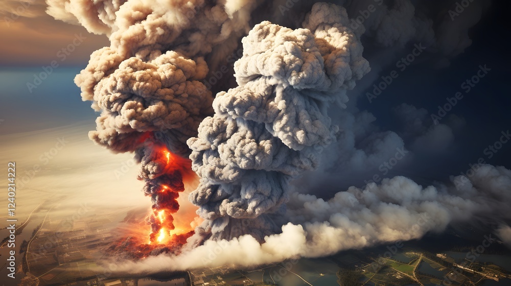 Poster captivating view of a massive volcanic eruption observed from the vantage point of space showcasing 