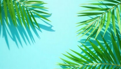 Tropical green palm leaves blue background nature scene calm environment close-up view vibrant concept