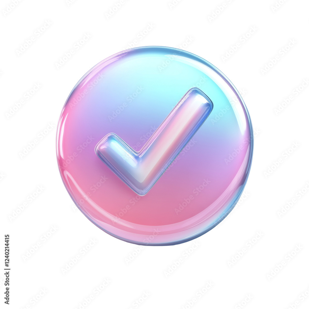 Poster a three dimensional glossy pastel checkmark icon inside a pink and blue circular button.
