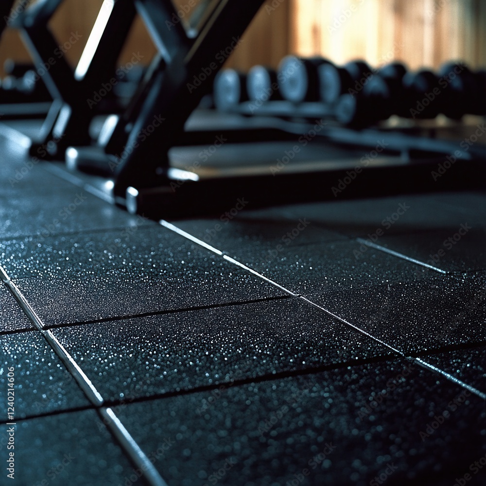 Poster gym floor with weights rack in background creating a moody and dark fitness atmosphere