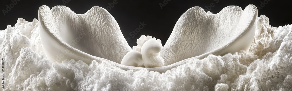 Poster close up of a white textured sculpture with curved, wave like forms, creating a sense of depth and m