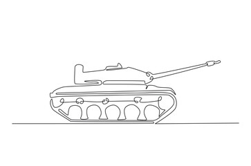 Military tank in continuous one line drawing. Single line art draw of army battle tank. Editable vector.