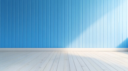 Bright interior featuring a blue paneled wall and a light wood floor, showcasing minimalistic and modern design principles with natural sunlight casting dynamic patterns. Ideal for backgrounds