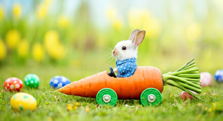 Adorable Bunny Driving Carrot Car on a Colorful Easter Egg Meadow. Easter concept