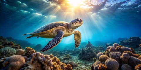 Fototapeta premium Graceful Sea Turtle Gliding Through Vibrant Coral Reef Waters