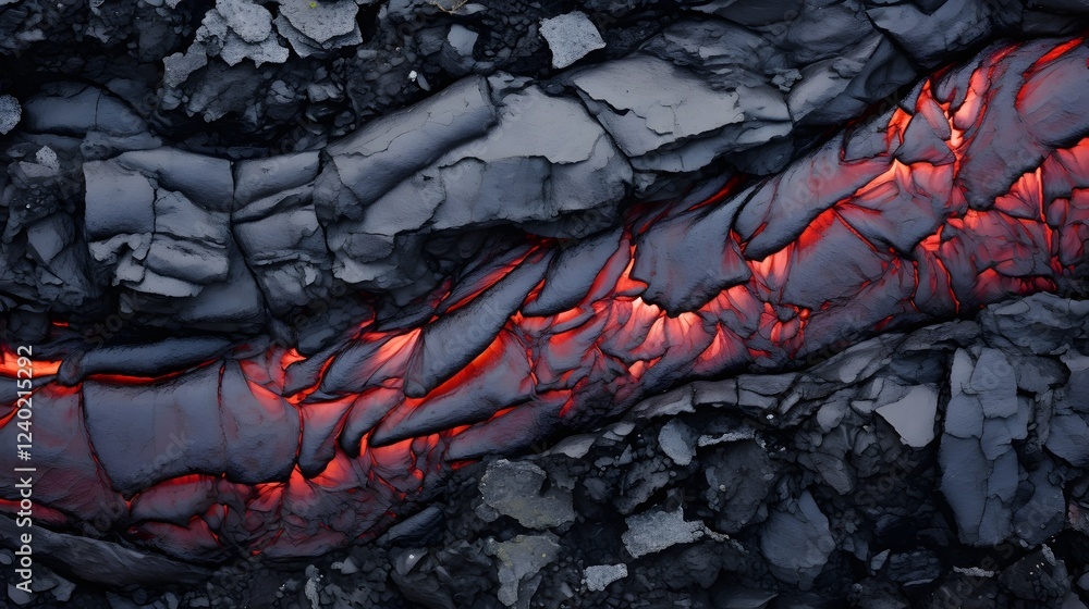 Poster dramatic closeup view of a lava crust breaking apart to reveal the intense glowing molten rock under