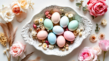 Colorful Easter Eggs in a Bowl with Floral Flowers on Background. Easter concept