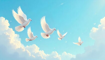 Fototapeta premium Doves taking flight in a bright sky nature scene digital art serene atmosphere aerial perspective