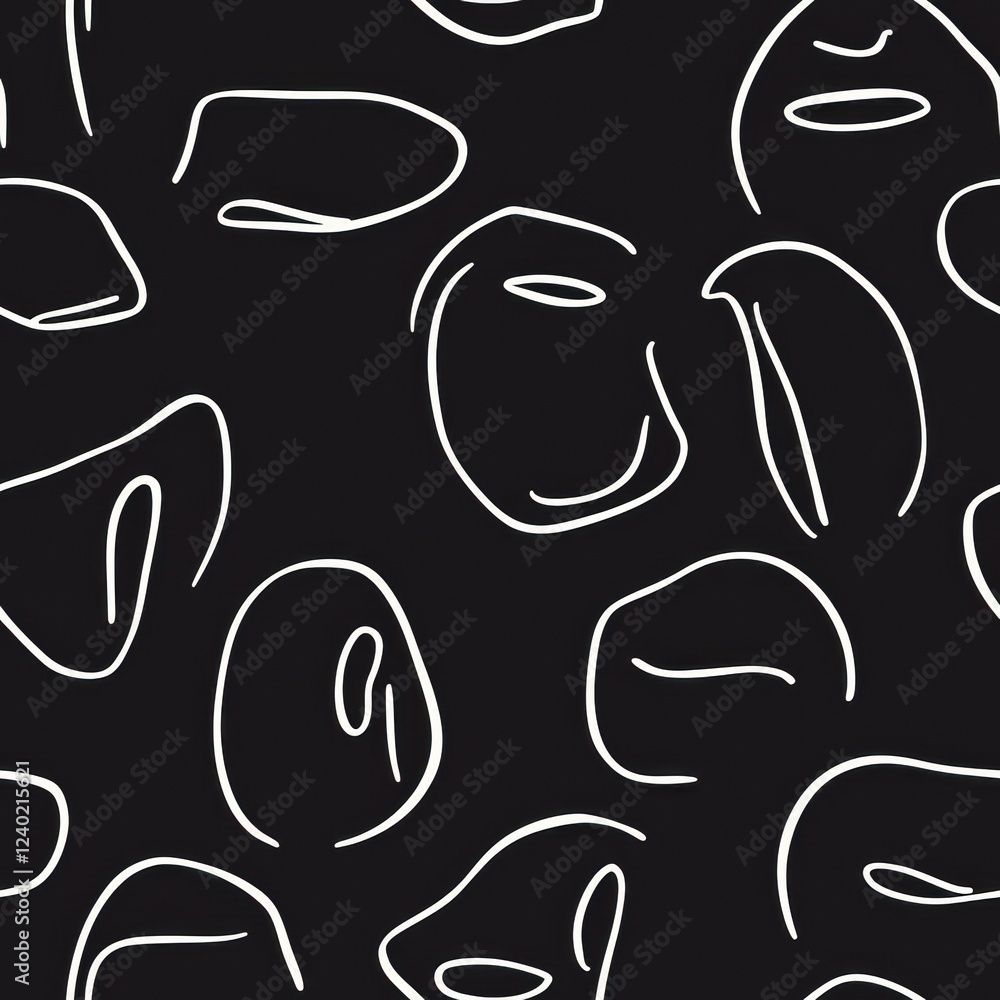 Poster minimal seamless continuous line faces on black background for abstract design