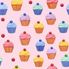 Playful Seamless Pattern of Colorful Cupcakes and Candies on Pink Background