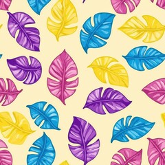 Hand-Drawn Tropical Leaves Design on Pastel Background with Vibrant Colors