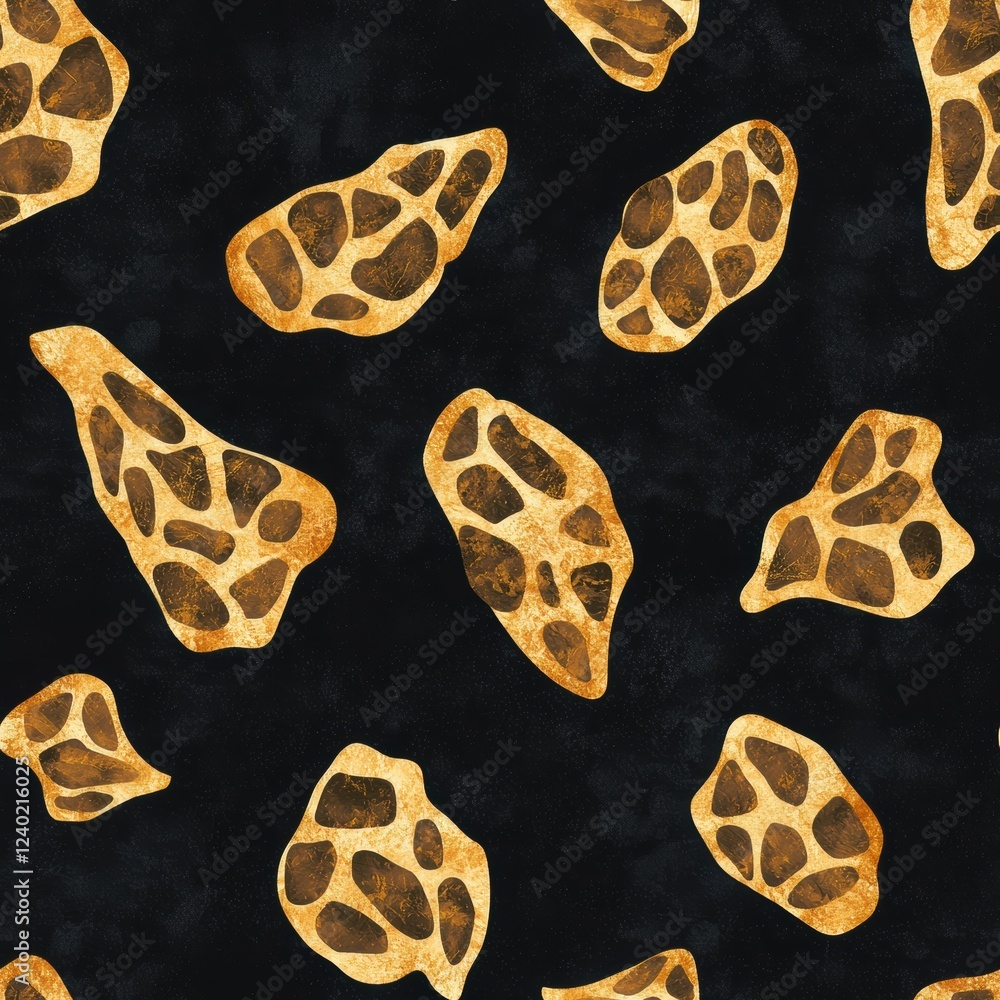 Poster seamless leopard print pattern with bold golden highlights on a dark background