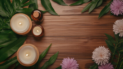 A serene arrangement of candles, essential oils, and flowers on a wooden surface, surrounded by lush green leaves, creating a tranquil atmosphere.