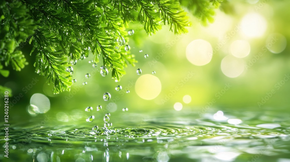 Poster fresh green leaves with water drops falling into a pool creating ripples in soft light