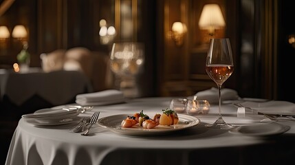 Fototapeta premium A luxurious fine dining setup with a plate of gourmet seafood and wine on an elegant restaurant table.