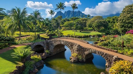 Fototapeta premium Tropical garden bridge, scenic mountains, lush greenery, tranquil pond, vacation getaway