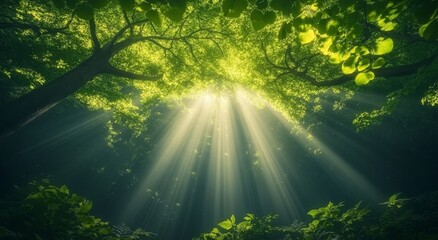 Fototapeta premium Sunbeams pierce forest canopy, dappled light, nature background, peaceful scene