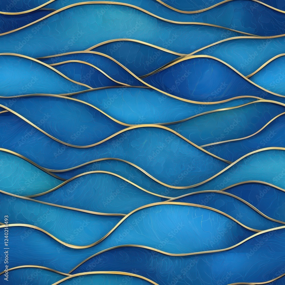 Poster dynamic blue waves with golden highlights in a seamless pattern design