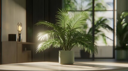 Fototapeta premium Sunlit Palm Plant in Modern Minimalist Interior