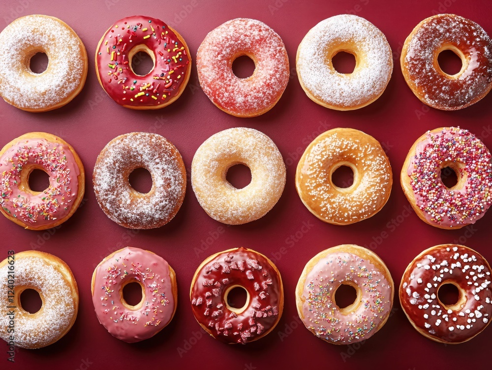 Poster assorted donuts with various toppings arranged on a red background in a flat lay style