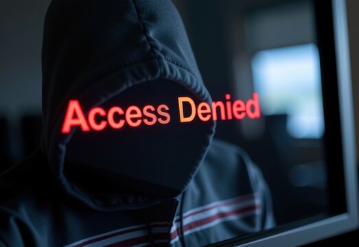 A shadow hacker in front of a computer screen displaying "Access Denied" in red text, representing cybersecurity threats and hacking.