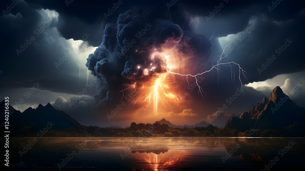 Poster captivating volcanic thunderstorm with powerful lightning bolts striking from within an ominous ash 