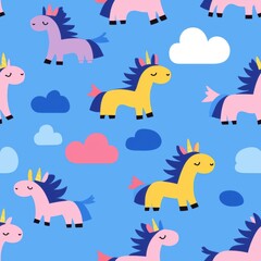 Cute Cartoon Unicorns and Clouds in a Seamless Pattern Design for Kids