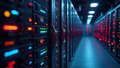 Naklejka premium Data center operations modern facility digital infrastructure high-tech environment perspective view network security concepts