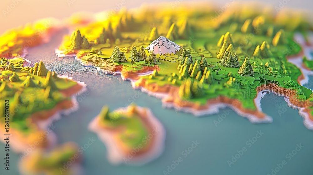 Poster detailed three-dimensional map representation of a vibrant and lush landscape with mountains and tre