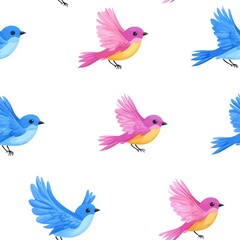 Obraz premium Colorful Cartoon Birds in Mid Flight with Seamless Pattern Design