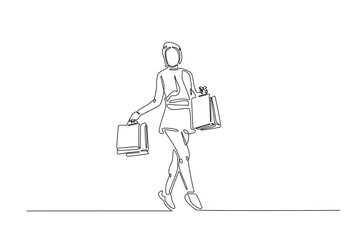 Pretty woman holding shopping paper bags in continuous one line drawing. Single line art draw of lady with shopping bags . Editable vector.