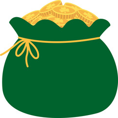 St.Patrick's Day  green Money Bag with many gold coins flat vector illustration . 
St.Patrick's Day element Isolated. 
Transparent background.