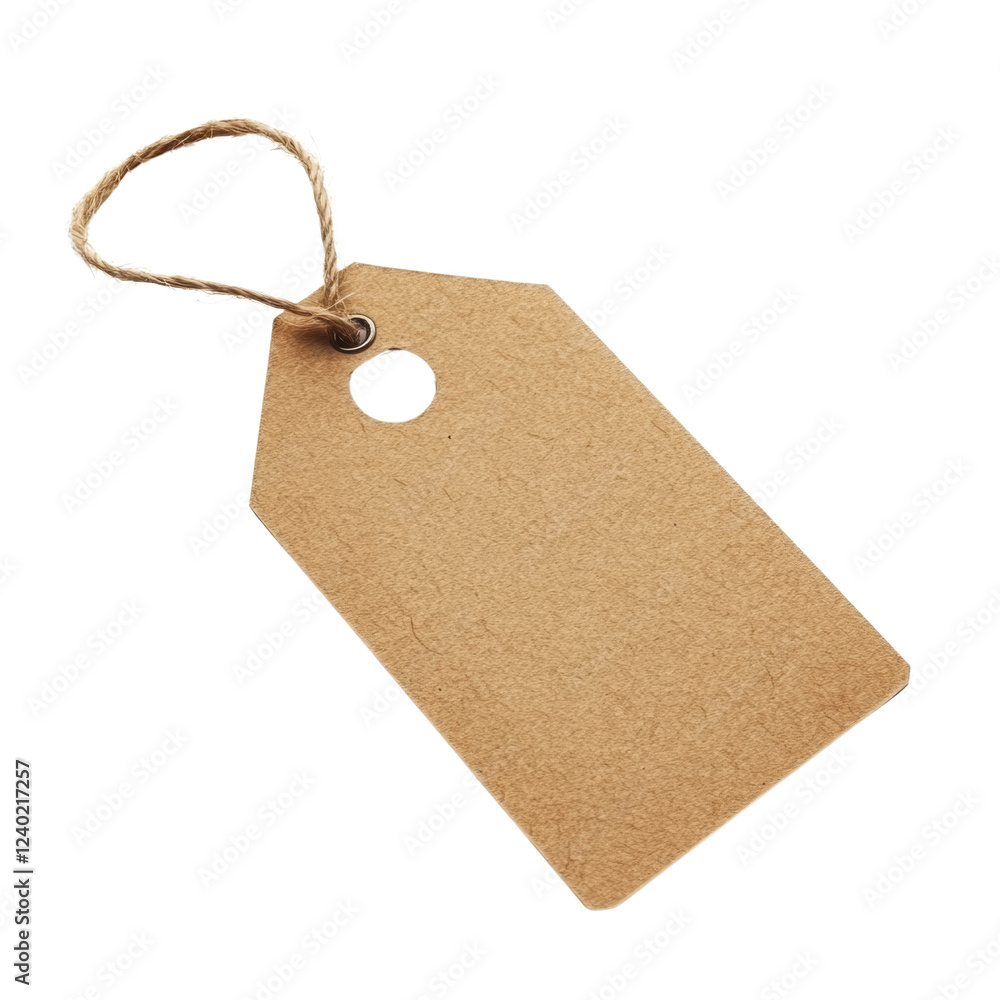 Poster a blank brown paper gift tag with a twine loop is shown against a black background.