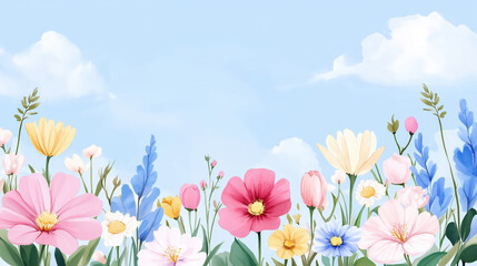 Bright and colorful floral illustration with various flowers against blue sky