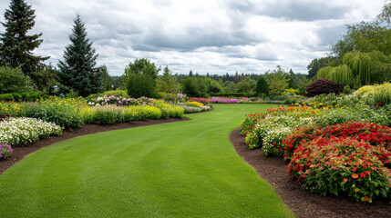 Obraz premium A vibrant garden path lined with colorful flowers and lush greenery under a cloudy sky.
